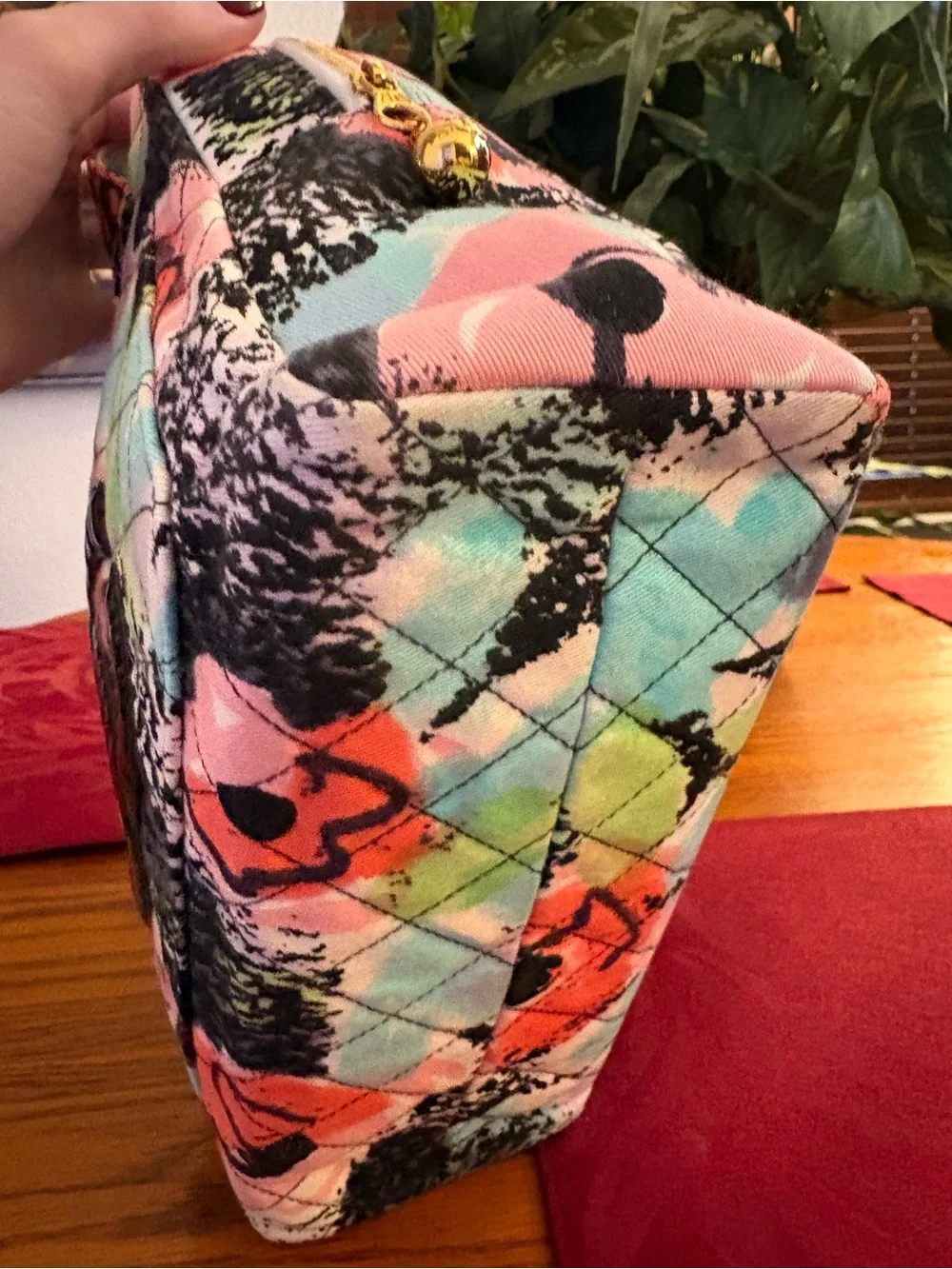 RARE Chanel Watercolor Multi Floral Quilted Tote with Patent Black CC front back